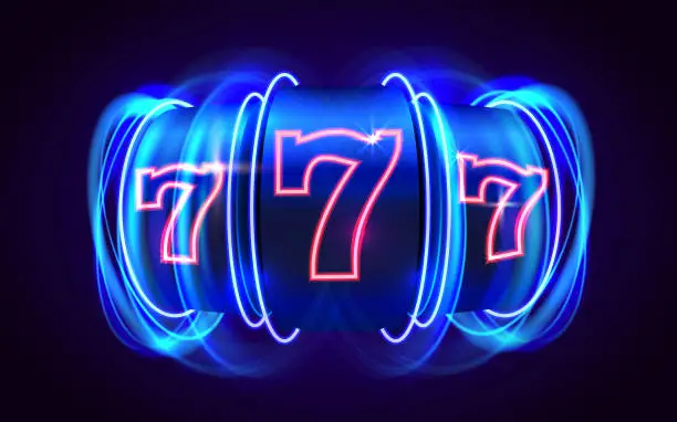 Vector illustration of Neon slot machine wins the jackpot. 777 Big win casino concept.
