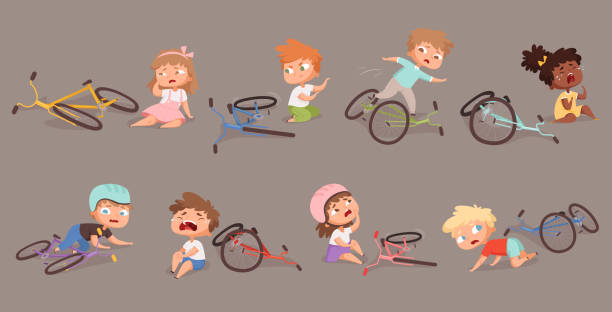 xe đạp bị hỏng. trẻ em ngã từ xe đạp trẻ em không hài lòng vector tai nạn hình minh họa - sad boy outside hình minh họa sẵn có