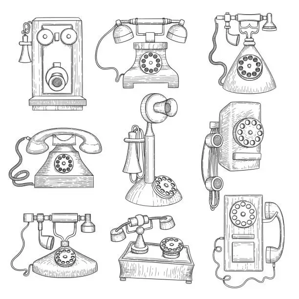 Vector illustration of Retro telephone. Old ancient technology gadgets vector hand drawn communication objects