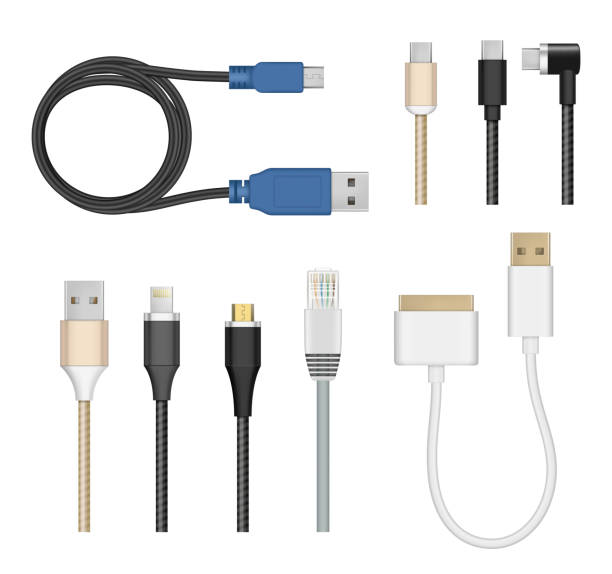 ilustrações de stock, clip art, desenhos animados e ícones de connection cables. computer and mobile devices charging cord electric cable plugs usb pc vector realistic collection - cable audio equipment electric plug computer cable