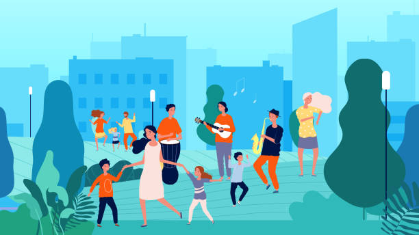Street musicians. Musical fest, family dancing. Parents and children having fun with music vector illustration Street musicians. Musical fest, family dancing. Parents and children having fun with music vector illustration. Street music, instruments concert on air family outdoors stock illustrations