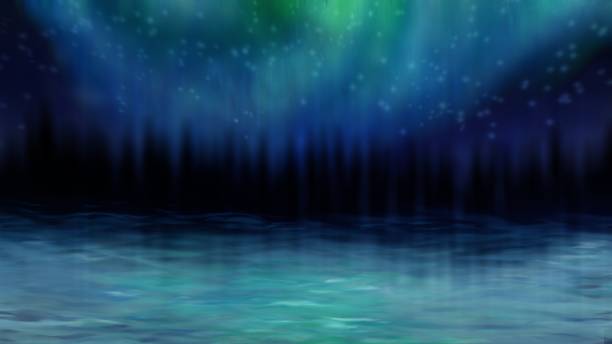 istock Landscape painting, Aurora Borealis with forest and lake 1207036477