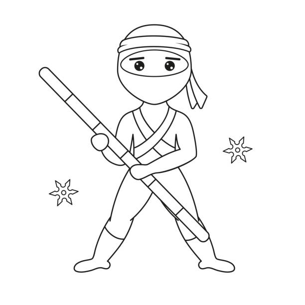 japoński ninja, rzucając gwiazdką rysunek zarysu. kolorowanka. ilustracja wektorowa. - martial stock illustrations