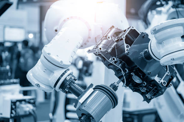 istock Aluminium casting gearbox part milling finishing  by milling spindle attach with the robotic arm. 1207040409
