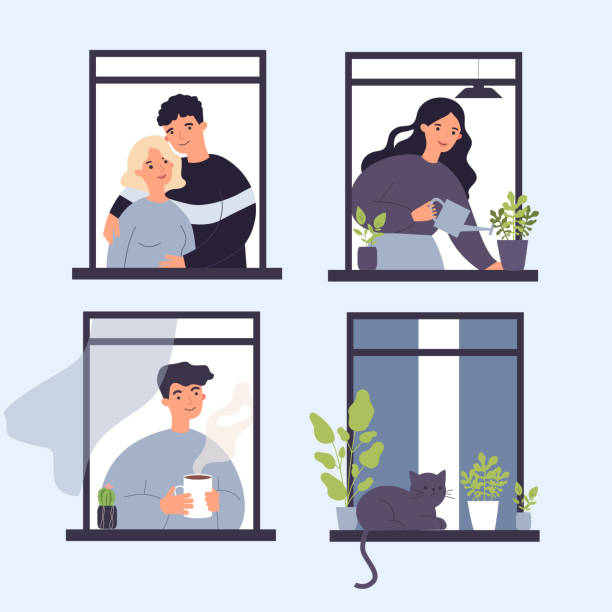 ilustrações, clipart, desenhos animados e ícones de vizinhos e vida de gato através de janelas abertas - coffee time