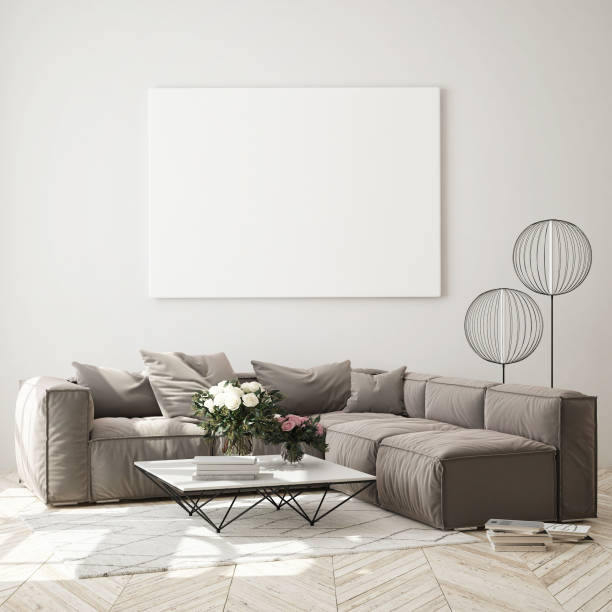 istock mock up poster frame in modern interior background, scandinavian style, 3D render 1207040746