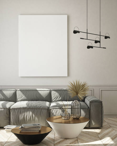 istock mock up poster frame in modern interior background, scandinavian style, 3D render 1207040747