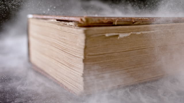 SLO MO LD Dust flying off an old book falling on the table