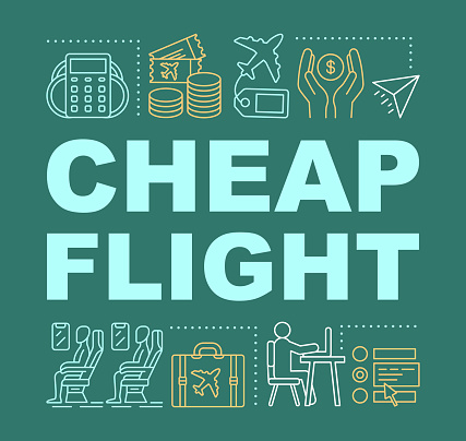 Cheap flight word concepts banner. Economy class. Airline last minute deals tickets. Airfare deals. Presentation. Isolated lettering typography idea with linear icons. Vector outline illustration
