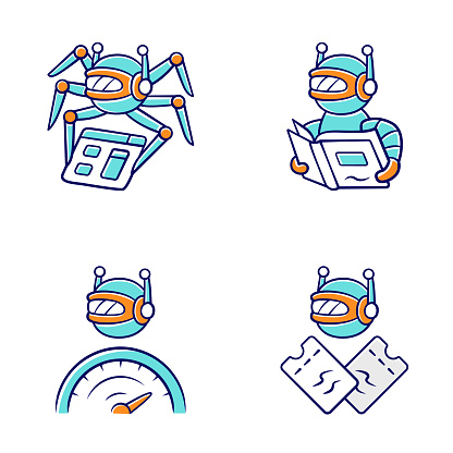 Internet bots color icons set. Crawler, text-reading, optimizer, scalper robot. Artificial intelligence. AI. Software app. Virtual assistant. Computer operation. Isolated vector illustrations