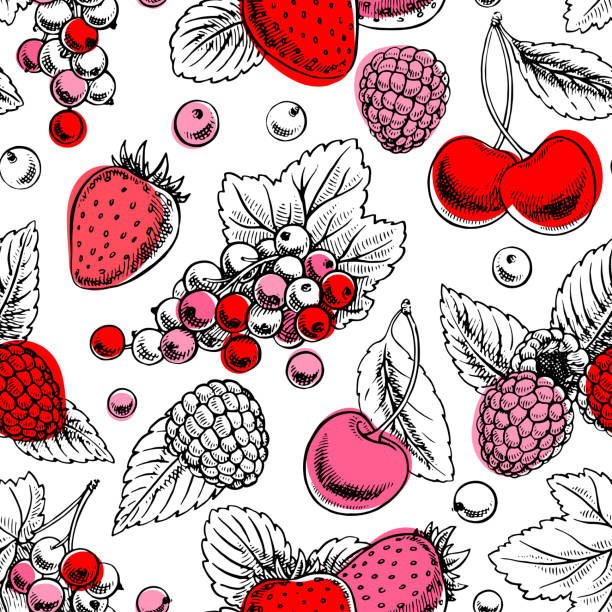 원활한 다른 열매 - wallpaper pattern raspberry pattern seamless stock illustrations