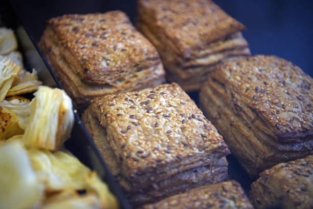 Beautiful fresh pastry in the showcase.