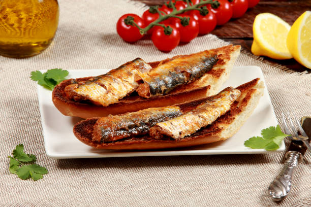 Fresh Sardines on Toasted Bread making a Spanish Tapas