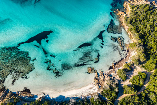 Aerial view of Grande Pevero Beach in Costa Smeralda,North Sardinia,Porto Cervo Aerial view of Grande Pevero Beach in Costa Smeralda porto grande stock pictures, royalty-free photos & images