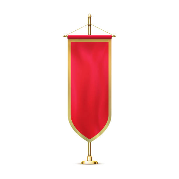 istock Blank red pennant flag mockup banner hanging golden rack pole realistic stylish retro illustration 1207048047