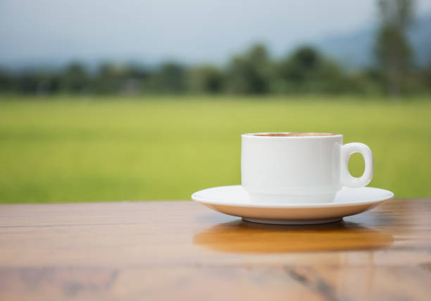 istock A white coffee cup on a wooden table With a backdrop of rice fields. 1207048460