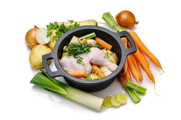 istock Chicken bouillon ingredients in a cooking pan isolated on white background 1207049482