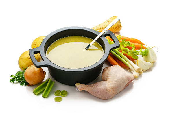 istock Chicken bouillon in a cooking pan with ingredients isolated on white background 1207049485