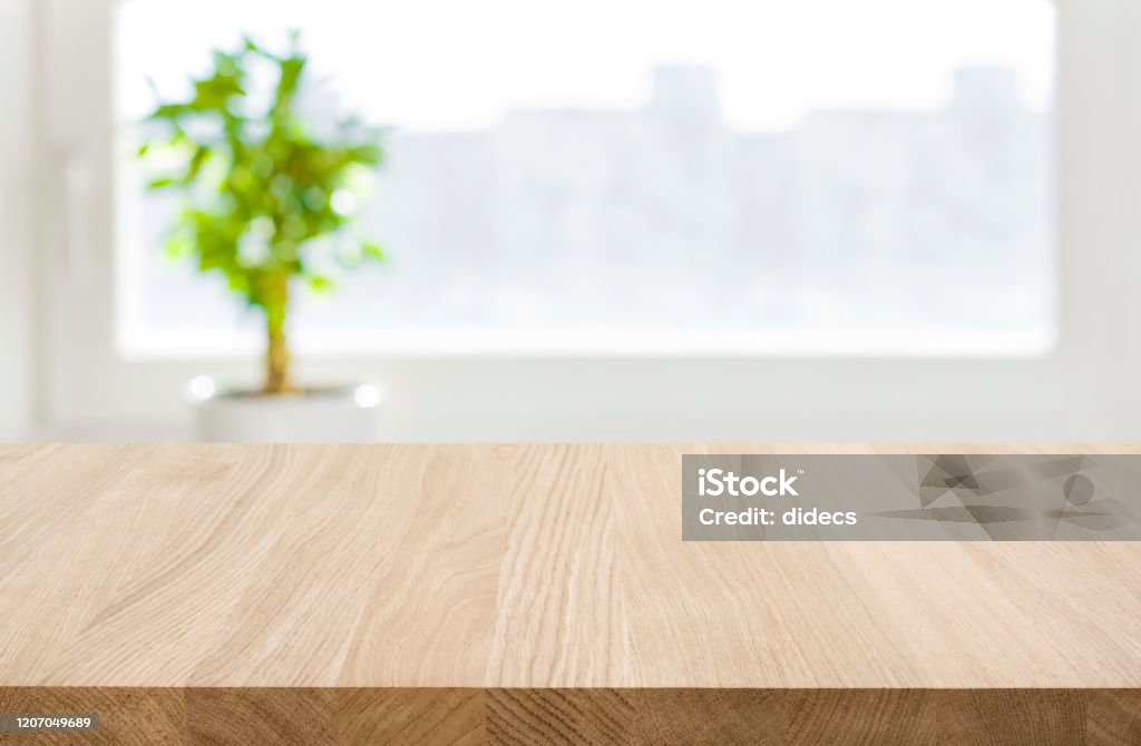 Wooden Table Top And Defocused Window Background For Product Display Stock  Photo - Download Image Now - iStock