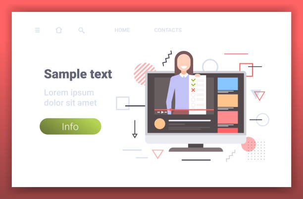 illustrations, cliparts, dessins animés et icônes de blogueur enseignant présentant la liste de contrôle enquête examen formulaire d’évaluation des résultats blogging concept de formation vidéo en ligne sur l’écran écran écran portrait copier l’espace horizontal - alternative medicine audio
