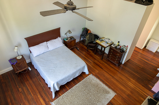 High angle view of empty bedroom in nursing home