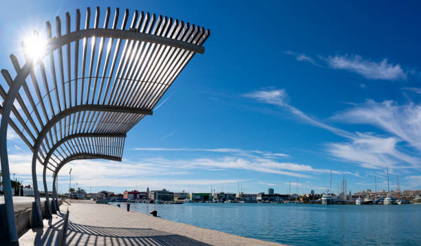 Valencia coty port skyline in sunny day with blue sky at Mediterranean Spain