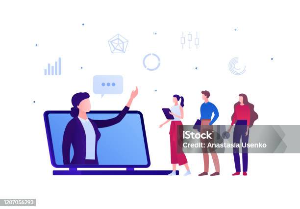 Online Business Education Concept Vector Flat Person Illustration Female Proffesor In Suit At Laptop Computer Screen And Student Team Design Element For Banner Poster Infographic Background Stock Illustration - Download Image Now