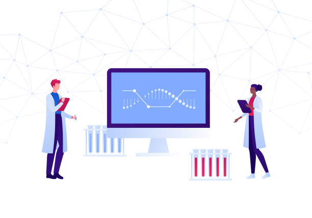 遺伝子工学と医学の概念。ベクトルフラット医用人物のイラスト。コンピュータ画面上に人工dnaサインを持つ科学者チーム。科学的なバナー、ポスターのための設計要素。 - computer dna medicine medical research点のイラスト素材／クリップアート素材／マンガ素材／アイコン素材
