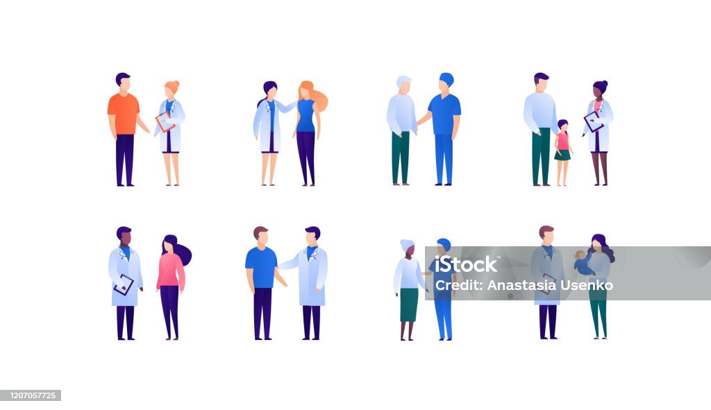 Doctor and patient support concept. Vector flat medical person illustration set. Collection of different young, adult and senior people. Doctor medicine profession. Design element for banner, poster. Doctor stock vector