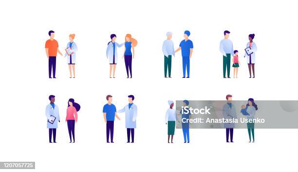 Doctor And Patient Support Concept Vector Flat Medical Person Illustration Set Collection Of Different Young Adult And Senior People Doctor Medicine Profession Design Element For Banner Poster Stock Illustration - Download Image Now