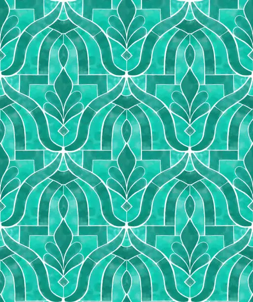 Vector illustration of Emerald Green Morrocco Tile Seamless Pattern. Vector Tile Pattern, Lisbon Arabic Floral Mosaic, Mediterranean Seamless Emerald Green Ornament.