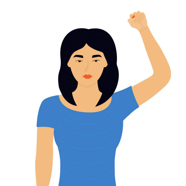 중국 소녀 와 주먹 제기 항의 예술. 세계 여성의 날. 페미니즘 개념. 권리를 위해 싸우십시오. - fist women punching asian ethnicity stock illustrations