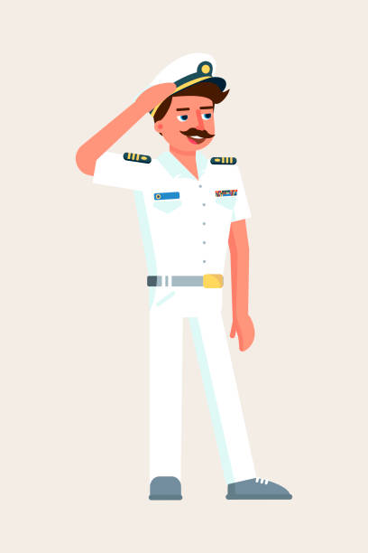 ilustrações de stock, clip art, desenhos animados e ícones de ship captain military character saluting on white - navy officer armed forces saluting