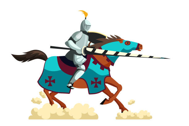 istock Armed knight galloping on horseback. Knighthood medieval tournament. Cartoon ancient warrior with peak and shield fighting riding horse. Jousting game. Vector flat war illustration. 1207059170