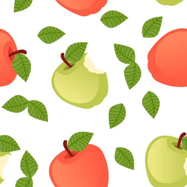 Vector illustration of Seamless pattern of bitten apple with green leaves flat vector illustration on white background