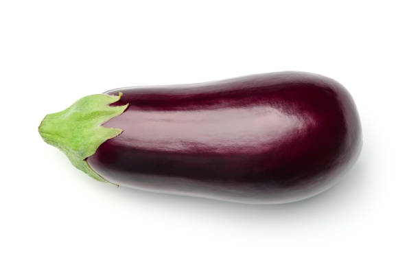 흰색 배경에 고립 된 가지. 맨 위 보기 - eggplant 뉴스 사진 이미지