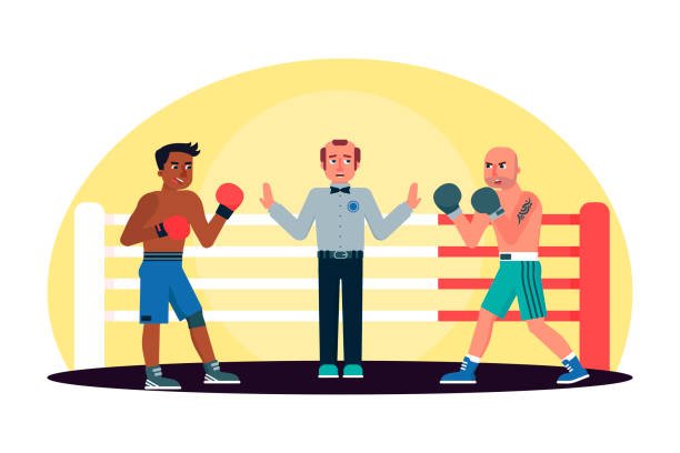 Two men engage in boxing fight and referee in ring Two afro-american and caucasian men engage in boxing fight and referee judge. Cartoon sportive people character in ring. MMA, wrestling presentation match, competition. Vector illustration boxing referee stock illustrations