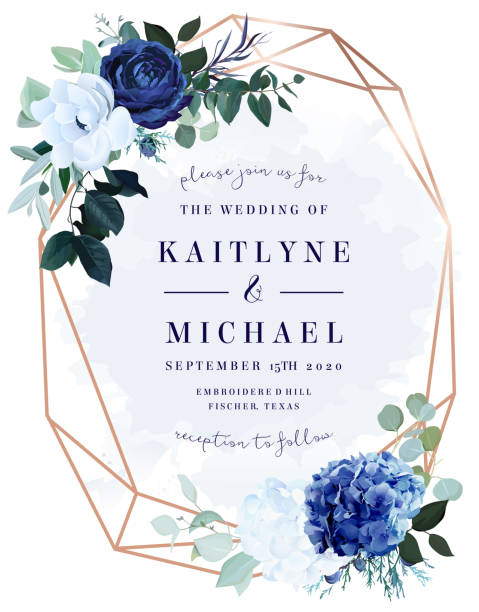 Royal blue rose,  white hydrangea, anemone, eucalyptus, juniper vector design frame Royal blue rose,  white hydrangea, anemone, eucalyptus, juniper vector design frame.Stylish pink gold geometry. Watercolor style.Wedding seasonal flower card. Floral composition. Isolated and editable blue flowers stock illustrations