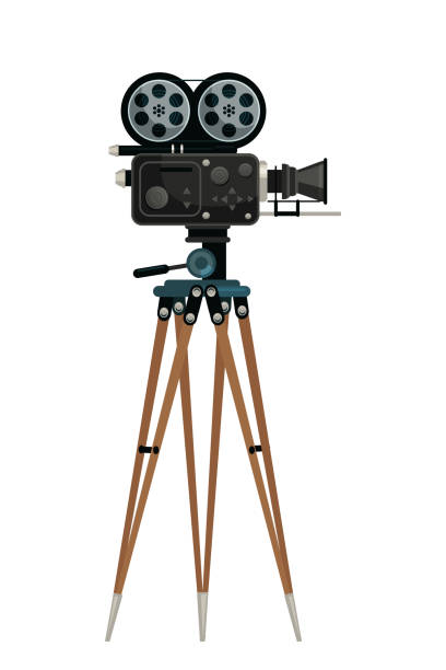 istock Camera on tripod vector illustration. Black old fashioned videocamera isolated clipart on white background. Cinematography and filmmaking, cameraman equipment. design element. 1207060515