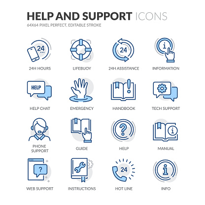 Simple Set of Help And Support Related Vector Line Icons. 
Contains such Icons as Handbook, Online Help, Tech Support and more.
Editable Stroke. 64x64 Pixel Perfect.