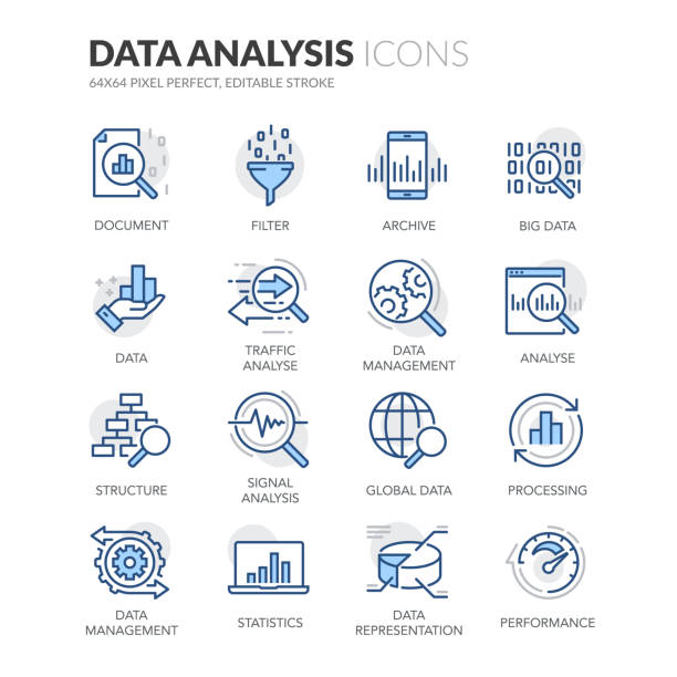 ikony analizy danych liniowych - wzór opis ilustracje stock illustrations