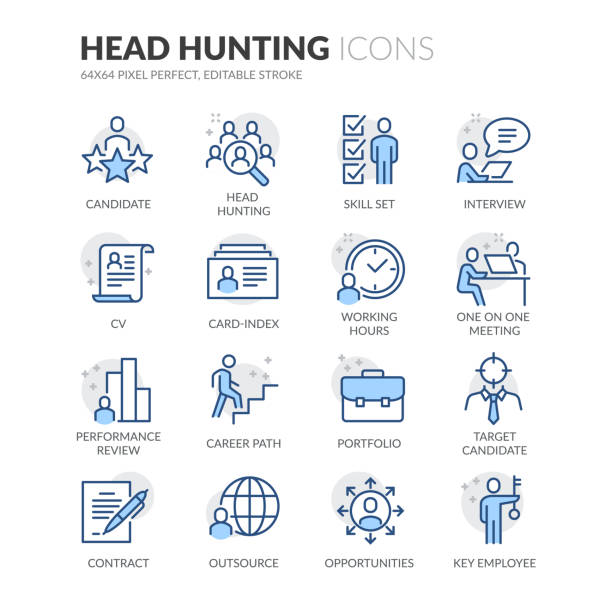 ilustraciones, imágenes clip art, dibujos animados e iconos de stock de iconos de caza de cabeza de línea - contratación