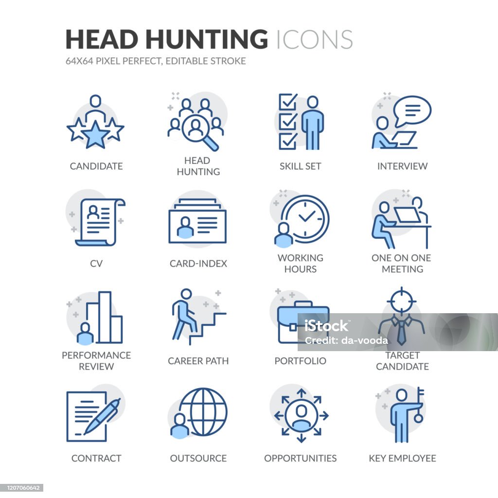 Line Head Hunting Icons Simple Set of Head Hunting Related Vector Line Icons. 
Contains such Icons as Candidate, CV, Card Index, Outsource and more.
Editable Stroke. 64x64 Pixel Perfect. Icon stock vector