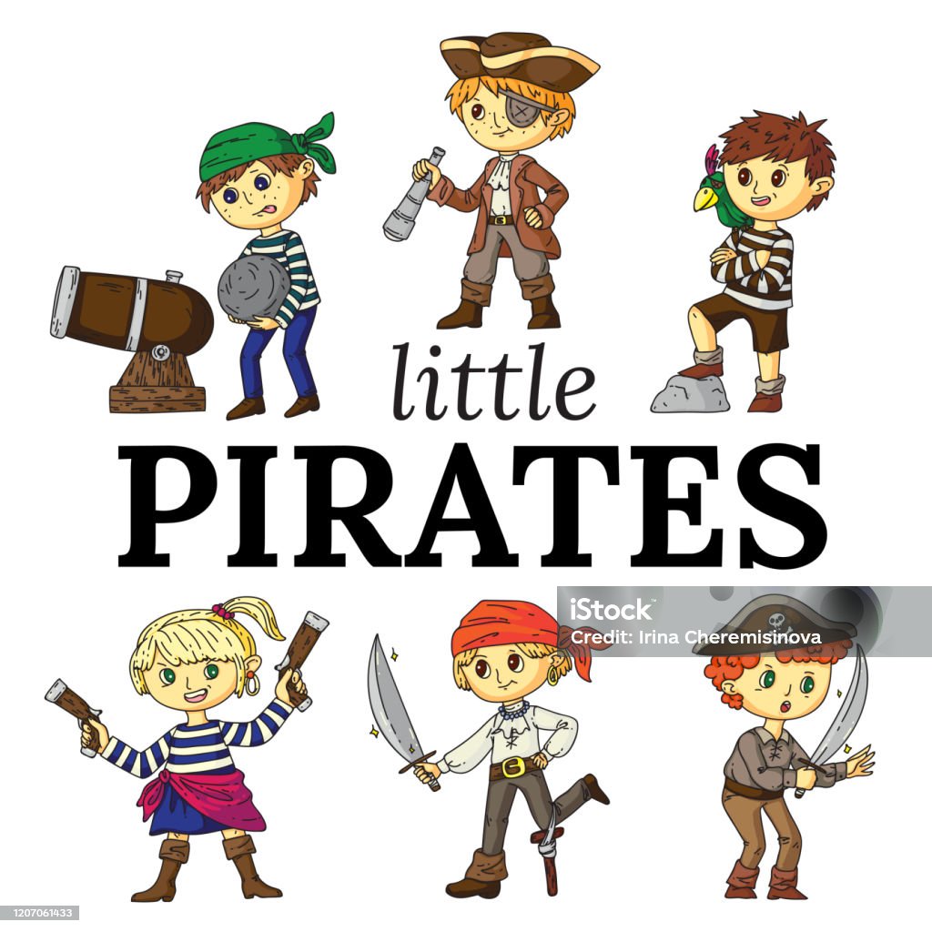 Ilustración de Pequeños Piratas Divertidos Personajes De Dibujos Animados  Conjunto Plano y más Vectores Libres de Derechos de Arma - iStock