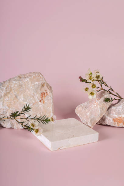 istock Pastel pink and white stone marble display set for product background decorate with white flower 1207062641
