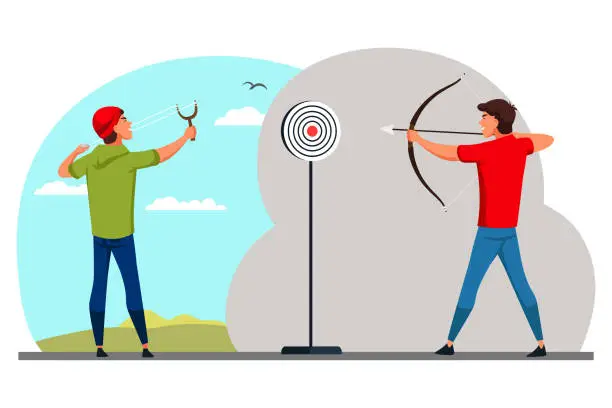 Vector illustration of Young male shooter aiming from slingshot and bow