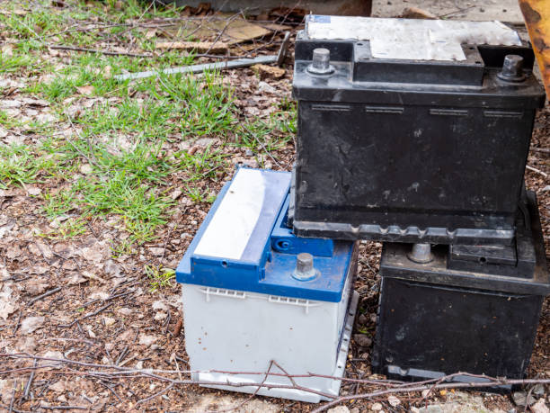 istock Old car batteries recycling background 1207062817
