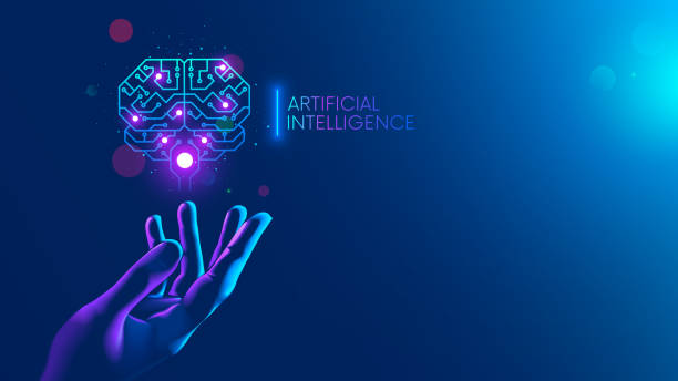 ilustrações de stock, clip art, desenhos animados e ícones de circuit board in shape electronic brain with gyrus, symbol ai hanging over hand. symbol of computer neural networks or artificial intelligence in neon cyberspace with glowing title on palm scientist - inteligência artificial