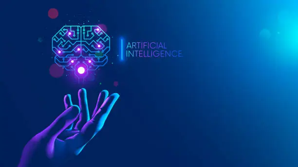 Vector illustration of Circuit board in shape electronic brain with gyrus, symbol ai hanging over hand. Symbol of computer neural networks or artificial intelligence in neon cyberspace with glowing title on palm scientist