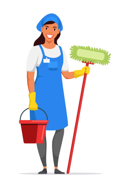 frau hausmädchen in schürze halten werkzeuge auf weiß - domestic staff stock-grafiken, -clipart, -cartoons und -symbole